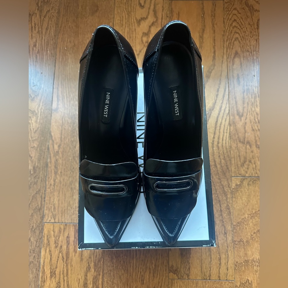 Nine West size 10.5; black block heels with buckle accent